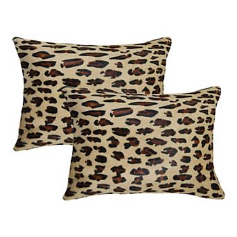 HomeRoots Set of Two 12" X 20" Brown and Black Leopard Cowhide Lumbar Throw Pillows