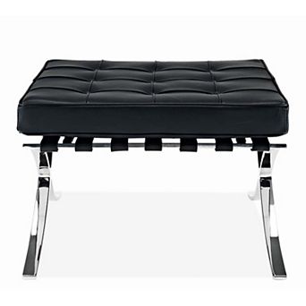 HomeRoots 24" Black Genuine Leather and Silver Tufted Footstool Ottoman