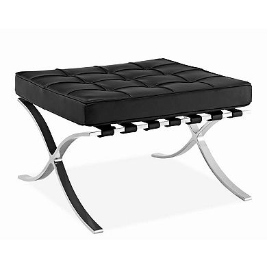 HomeRoots 24" Black Genuine Leather and Silver Tufted Footstool Ottoman