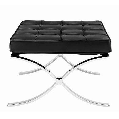 HomeRoots 24" Black Genuine Leather and Silver Tufted Footstool Ottoman