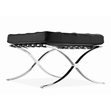 HomeRoots 24" Black Genuine Leather and Silver Tufted Footstool Ottoman