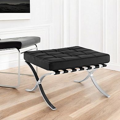 HomeRoots 24" Black Genuine Leather and Silver Tufted Footstool Ottoman