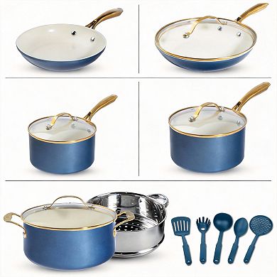 15Pc Ceramic Nonstick Cookware Set with Steamer Utensils PFOA-Free Dishwasher Safe