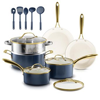 15 pc Ceramic Nonstick Cookware Set with Steamer Utensils PFOA-Free Dishwasher Safe