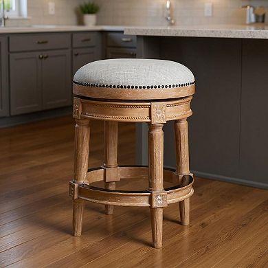 HomeRoots 26" Beige And Natural Solid Wood Swivel Backless Counter Height Bar Chair