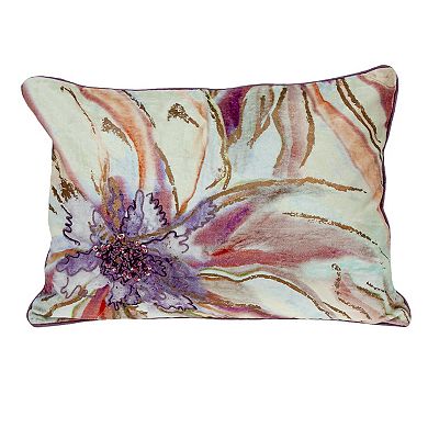 HomeRoots 14" X 20" Pink and Purple Floral Cotton Throw Pillow With Sequins