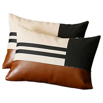 HomeRoots Set of 2 12"x20" Brown Black Ivory Striped Fabric & Faux Leather Lumbar Throw Pillows