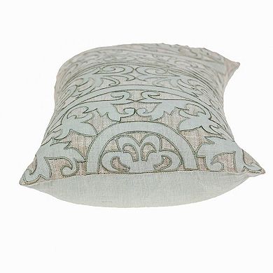 HomeRoots 14" X 24" Beige and Green Linen Lumbar Throw Pillow with Embroidery