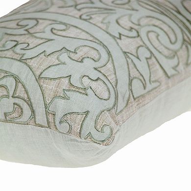 HomeRoots 14" X 24" Beige and Green Linen Lumbar Throw Pillow with Embroidery
