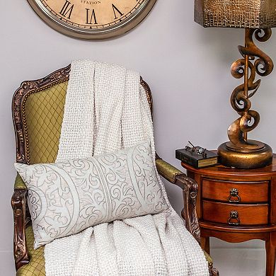 HomeRoots 14" X 24" Beige and Green Linen Lumbar Throw Pillow with Embroidery