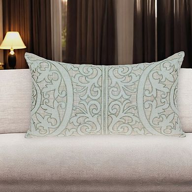 HomeRoots 14" X 24" Beige and Green Linen Lumbar Throw Pillow with Embroidery