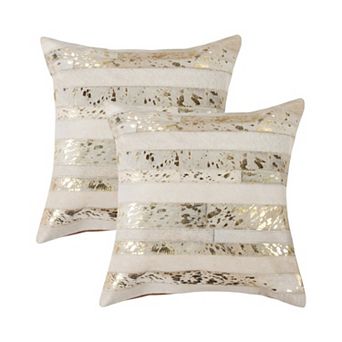 HomeRoots Set of Two 18" Natural and Gold Striped Cowhide Throw Pillows with Glitter