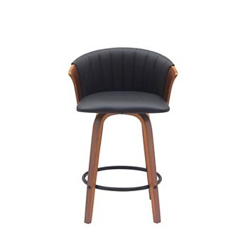 HomeRoots 26" Black and Wood Brown Faux Leather with Solid Wood Swivel Counter Height Bar Chair