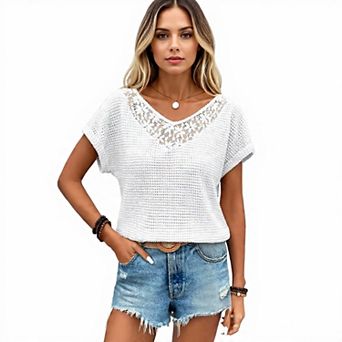 Casual Waffle Knit V-Neck Lace Blouse