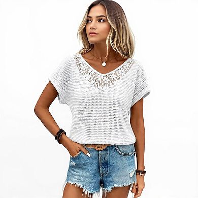 Casual Waffle Knit V-Neck Lace Blouse