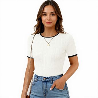 Women's Short Sleeve Ribbed Color Block Tee