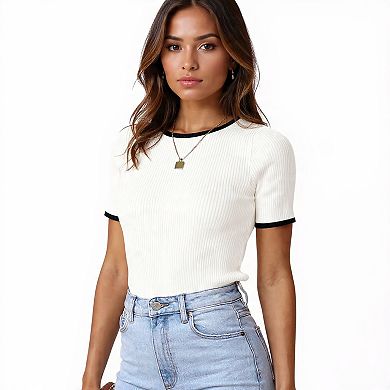 Women's Short Sleeve Ribbed Color Block Tee