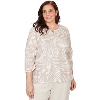 Women's Plus Alfred Dunner Animal Print Split Neck Beaded Top