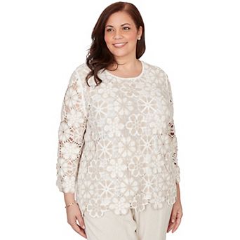 Women's Plus Alfred Dunner Floral Crochet Three Quarter Sleeve Top