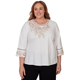 Women's Plus Alfred Dunner Embellished Leaf Ruffle Sleeve Top