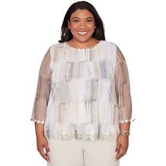 Women's Plus Alfred Dunner Neutral Brushstrokes Mesh Top