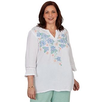 Women's Plus Alfred Dunner Tropical Floral Split Neck Embroidered Top