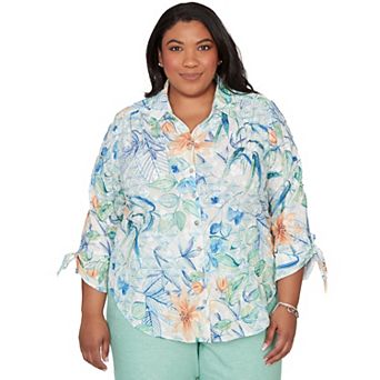 Plus Size Alfred Dunner Tropical Flower Eyelet Tie-Sleeve Top