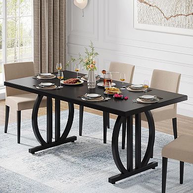 Modern Dining Table for 4-6 People, 63" Large Rectangular Kitchen Table with Geometric Legs