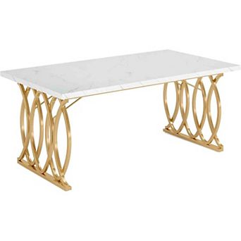 Modern Rectangular Dining Table with Faux Marble Top & Gold Geometric Legs