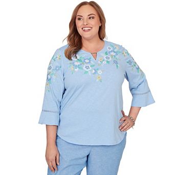 Women's Plus Alfred Dunner Floral Embroidered Split Neck Top