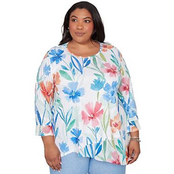 Women's Plus Alfred Dunner Whimsical Flower Bell Sleeve Top