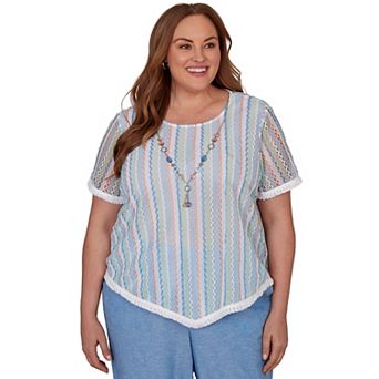 Plus Size Alfred Dunner Textured Stripe Tee with Necklace