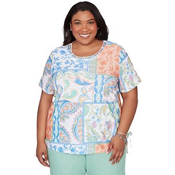 Plus Size Alfred Dunner Patchwork Scroll Side-Tie Ruched Tee