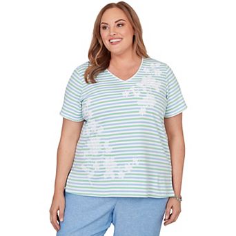Plus Size Alfred Dunner Highlight Flower Striped V-Neck Tee