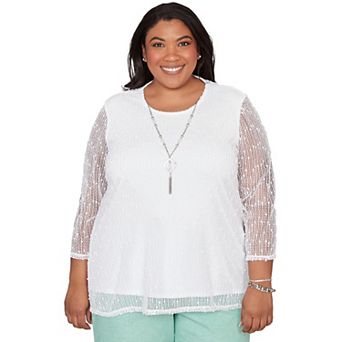Women's Plus Alfred Dunner Popcorn Mesh Solid Top with Necklace