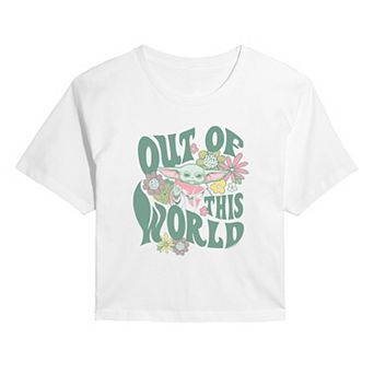 Juniors' Star Wars The Mandalorian Grogu Out Of This World Cropped Tee