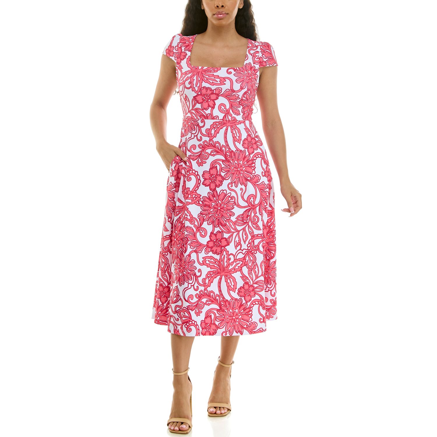 Женское платье Nina Leonard Floral Print Cap Sleeve Fit & Flare Midi, цвет: Разноцветный