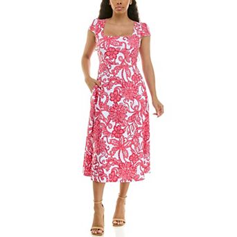 Women's Nina Leonard Floral Print Cap Sleeve Fit & Flare Midi Dress