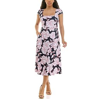 Women's Nina Leonard Floral Print Cap Sleeve Fit & Flare Midi Dress