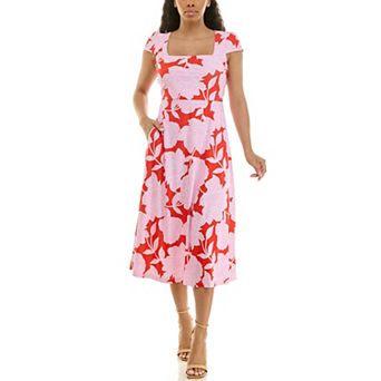 Women's Nina Leonard Floral Print Cap Sleeve Fit & Flare Midi Dress