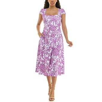 Women's Nina Leonard Floral Print Cap Sleeve Fit & Flare Midi Dress