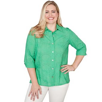 Petite Alfred Dunner Eyelet Palm Tree Button Front Top