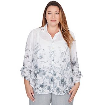 Plus Size Alfred Dunner Collared Watercolor Print Button Front Top