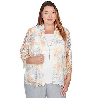 Plus Size Alfred Dunner Lace Floral Two-in-One Top with Necklace