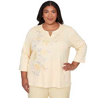 Plus Size Alfred Dunner Asymmetrical Floral Embroidered Textured Top