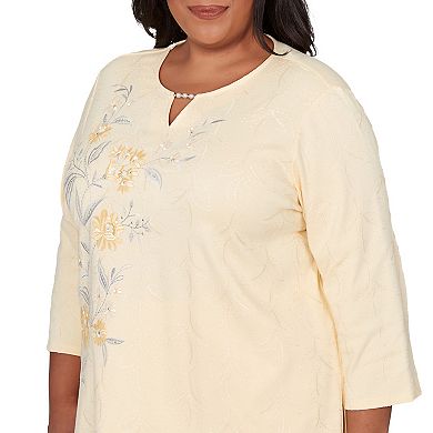 Plus Size Alfred Dunner Asymmetrical Floral Embroidered Textured Top