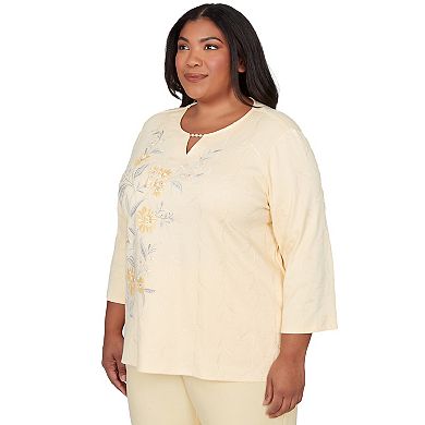 Plus Size Alfred Dunner Asymmetrical Floral Embroidered Textured Top