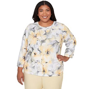 Plus Size Alfred Dunner Watercolor Floral Side Ruched Top with Necklace