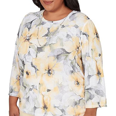 Plus Size Alfred Dunner Watercolor Floral Side Ruched Top with Necklace