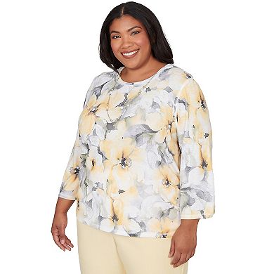 Plus Size Alfred Dunner Watercolor Floral Side Ruched Top with Necklace